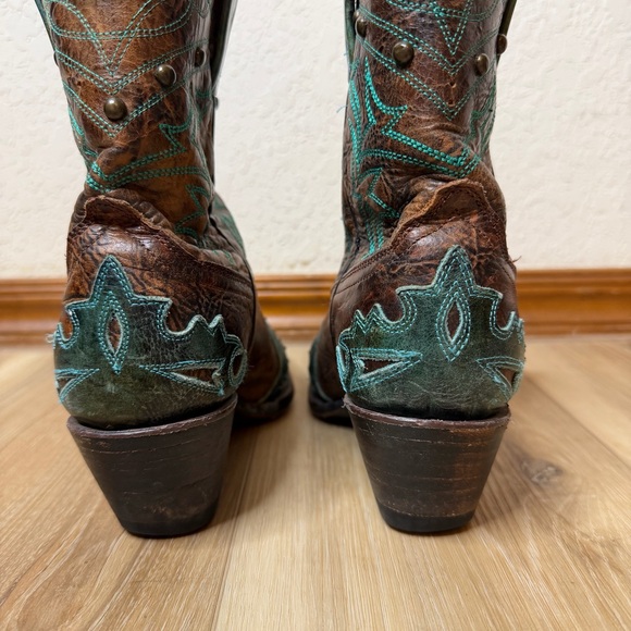 Corral Brown and Turquoise Embellished & Embroidered Snip Toe Western Boots - Picture 4 of 11